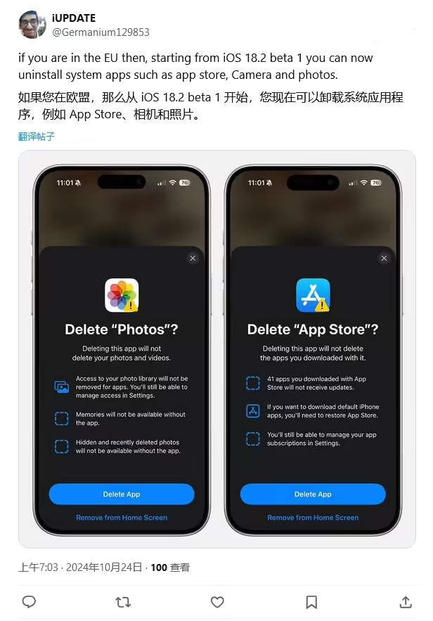 九原苹果手机维修分享iOS 18.2 支持删除 App Store 应用商店 