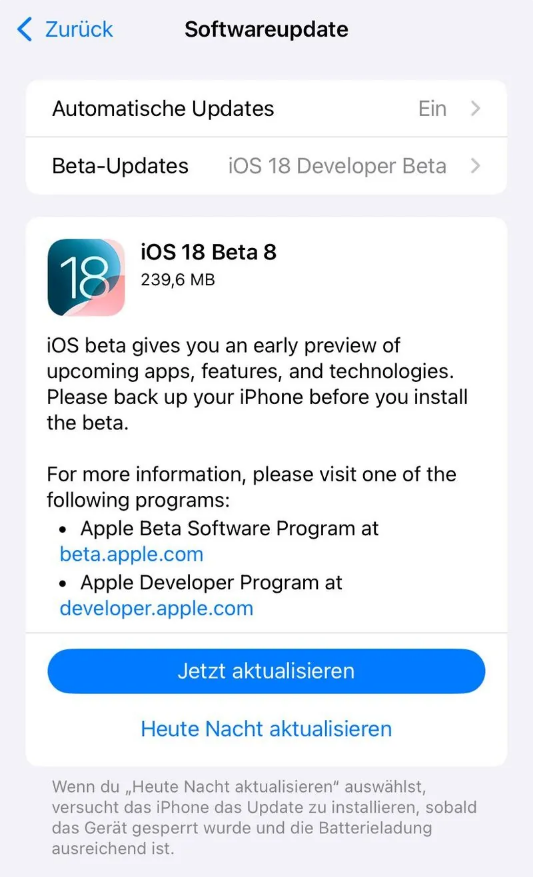 九原苹果手机维修分享苹果 iOS / iPadOS 18 开发者预览版 Beta 8 发布 